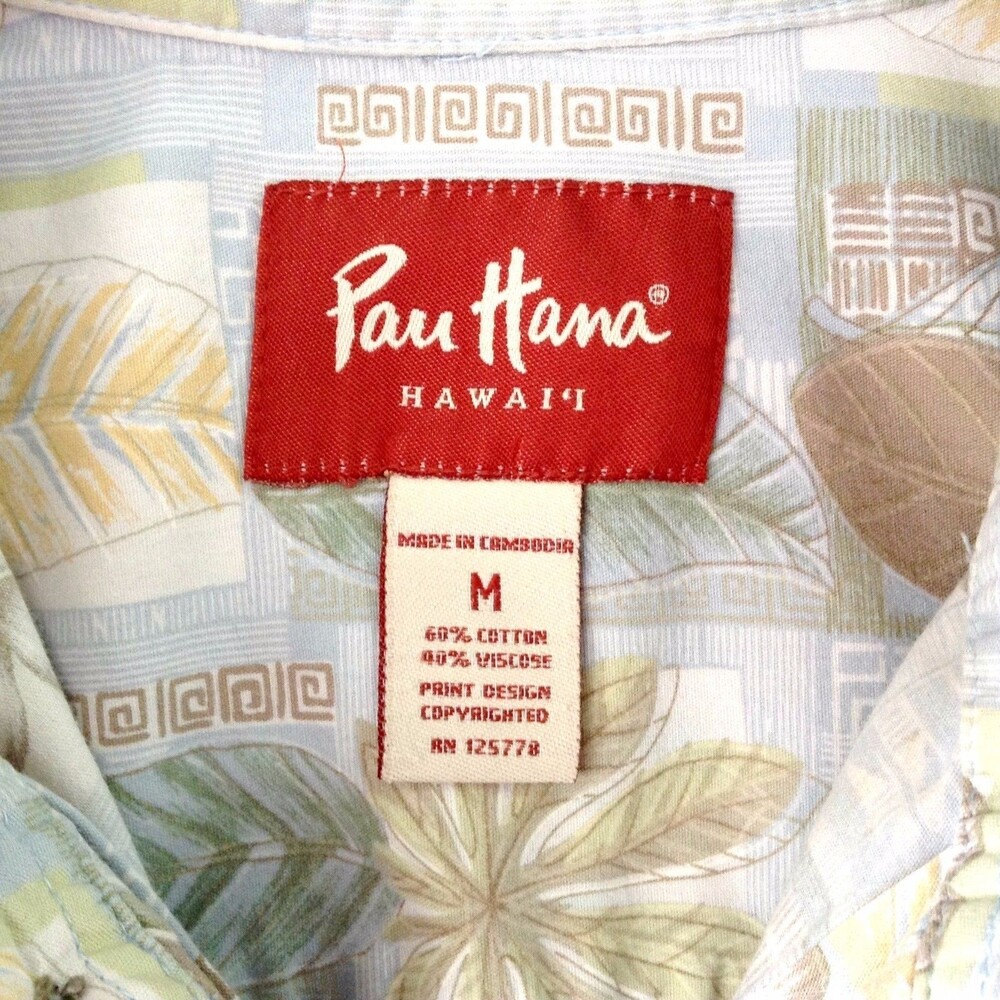 Pau Hana Men's Shirt Medium Hawaii Aloha Blue Beige Green Leaf Print - Picture 4 of 4